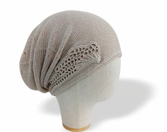 Soft hat cancer Summer chemo hats for women Off white linen silk beanie with wing embellishment