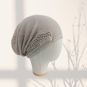 Soft hat cancer Summer chemo hats for women Off white linen silk beanie with wing embellishment