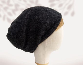 Satin lined wool beanie Charcoal Alpaca knit hat for men women