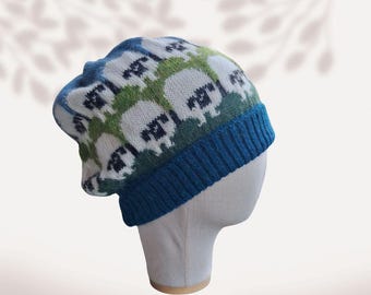 Lamb knit beanie with wide brim, handmade alpaca wool for countryside vibes