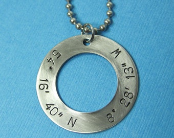 Personalized Latitude and Longitude Location Coordinates Necklace Steel Washer - Anniversary Wedding Birthday Father's Day Gift Necklace