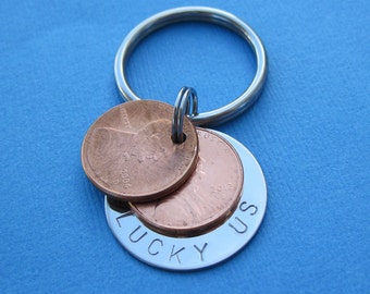 Lucky Us Penny Key Chain - Two Penny USA Coin Charm Custom Penny Keychain Personalized Penny Key Chain