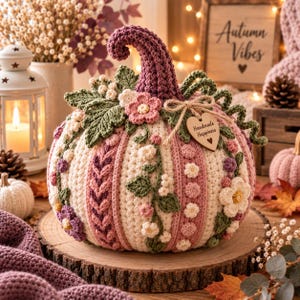 Può includere: Una zucca decorativa all'uncinetto con pannelli verticali color crema e rosa antico caratterizzati da complesse texture a treccia. La zucca è decorata con foglie verdi all'uncinetto, piccoli fiori bianchi e rosa e un'etichetta in legno con la scritta Handmade Happiness.