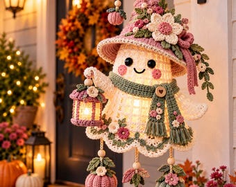 May include: A crocheted ghost decoration featuring a pink pointed hat adorned with flowers, a green scarf with a heart button, and a small lantern. The ghost is embellished with hanging crocheted pumpkins and leaves, creating a festive display.