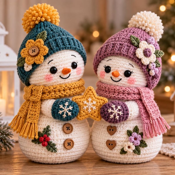 Crochet Snowman Couple, Handmade Christmas Snowman Decor, Winter Holiday Decoration, Cute Snowman Gift, Christmas Table Decor