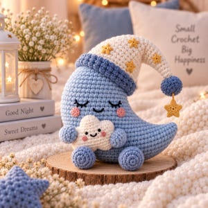 May include: A blue crescent moon crochet plush toy with a sleeping face, pink cheeks, and a white nightcap adorned with yellow stars. The moon holds a small white star plush with a smiling face. A yellow star hangs from the tip of the nightcap.
