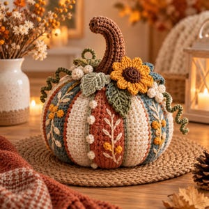 May include: A crocheted pumpkin featuring vertical panels in rust, cream, and muted blue. The pumpkin is decorated with a large yellow sunflower, green crocheted leaves, small white berry clusters, and embroidered floral sprigs. It has a brown stem.