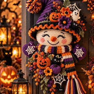 May include: A crocheted Halloween wall hanging featuring a smiling snowman wearing a purple witch hat with a pom-pom, orange pumpkins, a white ghost, and a spider. The snowman wears a striped scarf with fringe, spiderweb motifs, and floral accents.