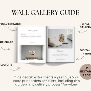 May include: A Wall Gallery Guide with the text "WALL GALLERY GUIDE" at the top. The guide is open, showing interior design images and text. Features include "FULLY EDITABLE", "PRE-FILLED", "FREEMOCKUP", "DIGITAL OR PRINT", and "9 EDITABLE PAGES".