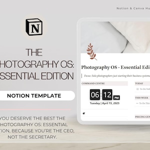 May include: A Notion template for photographers called "Photography OS - Essential Edition". The template is designed for solo photographers just starting their business systematization. The template includes a command center, a to-do list, and a pricing generator. The template is designed to help photographers organize their business and streamline their workflow.