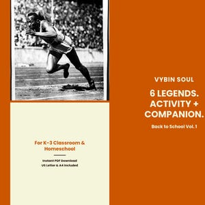 以下が含まれることがあります： VYBIN SOUL 6 LEGENDS. ACTIVITY + COMPANION. Back to School Vol. 1 for K-3 Classroom & Homeschoolというタイトルのデジタル教育文書。デザインは、オレンジ色の背景にトラック上のランナーの白黒写真が特徴です。