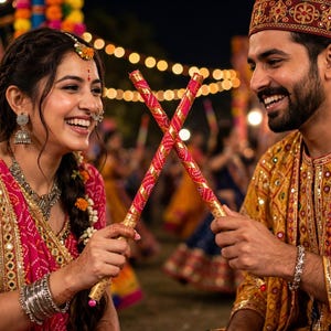 May include: Two individuals wearing vibrant traditional Indian attire, including a pink bandhani patterned garment and a yellow and blue embroidered outfit, hold crossed wooden dandiya sticks. Both wear ornate jewelry, including bangles and a cap.