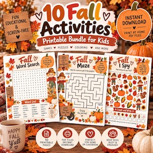 May include: A printable bundle of 10 autumn activities for children featuring word search, maze, and I spy games. The pages include seasonal illustrations of scarecrows, pumpkins, and leaves with text such as 10 Fall Activities and Fall Word Search.