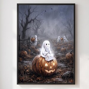 May include: A framed wall art print depicting a whimsical scene in a dark, misty forest. A small white ghost sits atop a large, glowing jack-o'-lantern. Several other ghosts are scattered throughout the pumpkin patch, holding small pumpkins.
