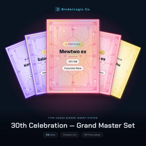 May include: A set of five rectangular binder inserts with a gradient color scheme, featuring the text BinderLogic Co. at the top and 30th Celebration – Grand Master Set at the bottom. Each insert displays a central card design with Psychic Mewtwo ex 157/128 and Futuristic Rare text.