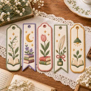 Puede incluir: Cinco marcapáginas de tela rectangulares con bordados: lirios del valle en un libro abierto, una luna creciente sobre flores y libros, un tulipán sobre libros, una pluma en un tintero y una lámpara colgante sobre un libro abierto.