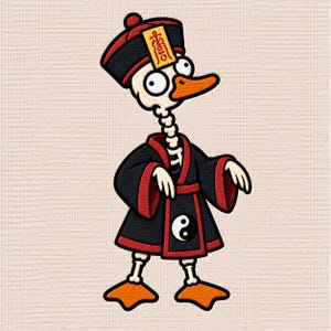 May include: An embroidered patch featuring a skeleton duck wearing a black and red traditional-style robe with a yin-yang symbol and a matching cap with a yellow rectangular tag containing red Chinese characters, set against a textured background.