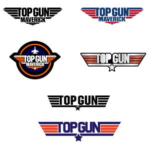 Peut inclure: Une collection de six logos Top Gun et Top Gun Maverick avec des emblèmes ailés. Les designs incluent des schémas de couleurs noir, bleu, rouge, orange et blanc avec des éléments textuels, des ailes stylisées et des icônes d'étoiles.