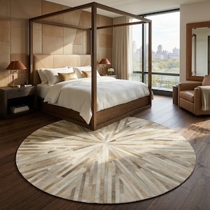 Handmade Round Leather Patchwork Rug, Rustic Boho Area Carpet, Natural Beige Farmhouse Decor