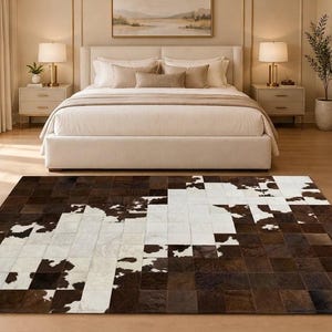 May include: A rectangular area rug constructed from stitched square patches of cowhide. The rug features a patchwork design with alternating sections of solid dark brown, solid white, and mottled brown and white cowhide patterns.