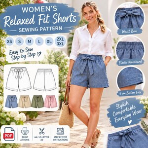 May include: A sewing pattern for relaxed fit shorts featuring a blue chambray fabric with a white grid pattern, an elastic waistband, and a tie bow. The pattern includes sizes XS to 3XL, step-by-step instructions, and a 6 cm bottom fold detail.