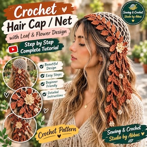 May include: A beige crochet hair net featuring a decorative side accent of rust-colored crocheted leaves and a cream-colored flower. The image includes text: Crochet Hair Cap / Net with Leaf & Flower Design, Step by Step Complete Tutorial, Crochet Pattern, Sewing & Crochet Studio by Abbas.