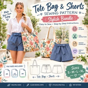Sewing Pattern Bundle | Nora Relaxed Fit Shorts & Essential Tote Bag PDF | Digital Download Sizes XS-3XL | Beginner Friendly Craft