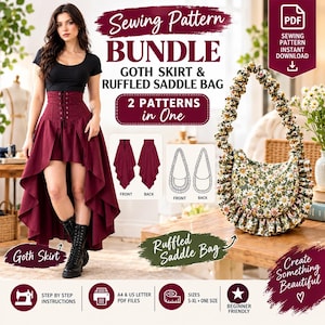 May include: A sewing pattern bundle for a high-low maroon skirt with a lace-up waist and a floral ruffled saddle bag. The image includes text labels, diagrams of the front and back of both items, and icons for PDF files, instructions, and sizes.