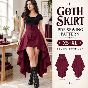 Pode incluir: Um molde de costura em PDF para uma saia assimétrica com cintura tipo espartilho com atacadores. O molde inclui tamanhos XS-XL e está formatado para A4, US Letter e A0. O design apresenta uma cor bordô profunda com vista frontal e traseira.