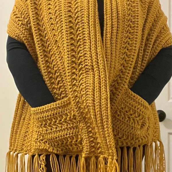 Crochet Shawl in mustard PATTERN, Women Scarf Pattern, Crochet Wrap with Pockets, Crochet Shawl with Fringe, Crochet Pocket Shawl for Women