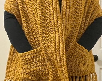 Crochet Pocket Shawl PATTERN, Fringe Wrap (PDF Pattern)