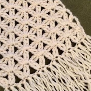 May include: A crocheted scarf with a white, lacy pattern and fringe. The scarf is made with a soft, natural yarn.