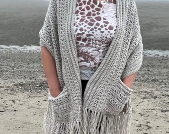 Sandy Shore Crochet Shawl PATTERN, Women Scarf Pattern, Crochet Wrap with Pockets, Crochet Shawl with Fringe, Crochet Pocket Shawl for Women