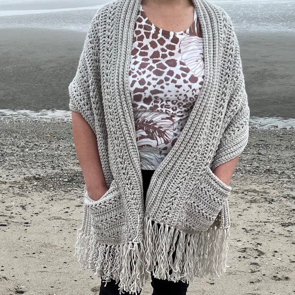 Sandy Shore Crochet Shawl PATTERN, Women Scarf Pattern, Crochet Wrap with Pockets, Crochet Shawl with Fringe, Crochet Pocket Shawl for Women