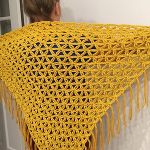 Pu&ograve; includere: Uno scialle di uncinetto giallo con un bordo a frangia. Lo scialle &egrave; realizzato con un delicato punto a maglia che crea un effetto pizzo.
