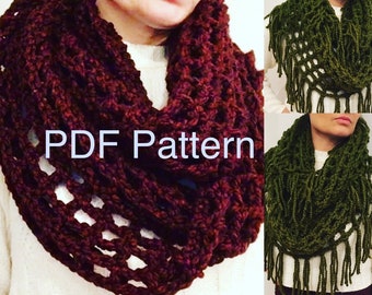 Crochet PATTERN - Easy Crochet Long Infinity Cowl with Fringe PDF PATTERN Instant download