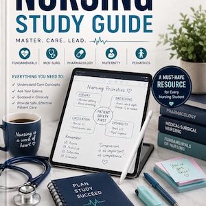 Puede incluir: La portada del libro The Complete Nursing Study Guide edición 2027 muestra una tableta con prioridades de enfermería, un estetoscopio, un cuaderno azul oscuro con el texto Plan Study Succeed, una taza, bolígrafos y notas adhesivas en un escritorio.