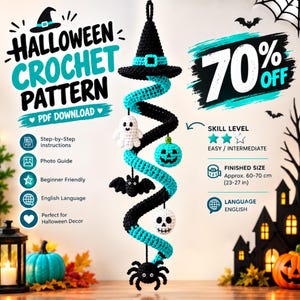 May include: A crochet Halloween spiral hanging decoration featuring a black witch hat at the top and dangling figures including a white ghost, a teal pumpkin, a black bat, a white skull, and a black spider. Text includes Halloween Crochet Pattern.