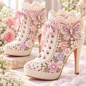 Advanced Crochet Lace Booties Pattern, Butterfly Heels, Floral Appliqué (PDF)