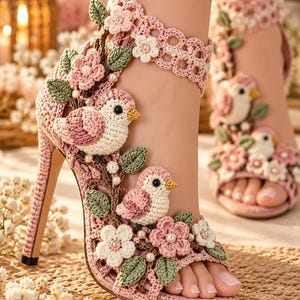 May include: A high-heeled sandal featuring intricate pink and white crochet work. The design includes three-dimensional crocheted birds, green leaves, and small flowers with pearl centers. The ankle strap has a delicate lattice pattern.