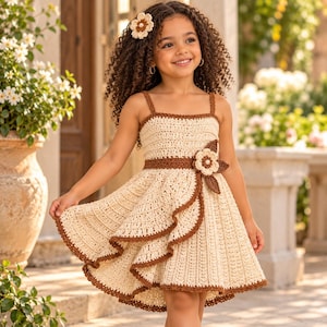 May include: A cream-colored crochet dress featuring brown trim, a layered skirt, and a large floral accent at the waist. The dress has thin straps and a matching crochet flower hair accessory. The design incorporates vertical stitching throughout.