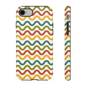 May include: A smartphone case featuring a repeating pattern of horizontal wavy lines in alternating colors of olive green, bright orange, and deep red against a white background. The case includes cutouts for the camera lens and side buttons.