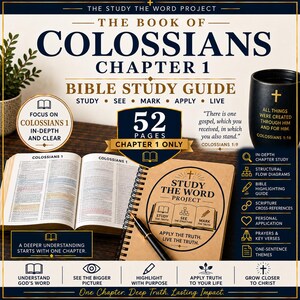 May include: A 52-page Bible study guide for Colossians Chapter 1 titled The Study The Word Project. The guide features an open Bible, a spiral-bound notebook with a pen, and a black mug with gold text. It includes study, see, mark, apply, and live sections.