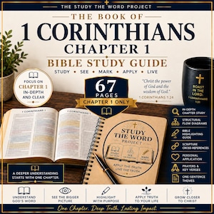 Pode incluir: Um guia de estudo bíblico de 67 páginas para 1 Coríntios capítulo 1, apresentando um caderno espiral com o texto Study The Word Project, uma Bíblia aberta e uma caneca preta com texto dourado Boast in the Lord e 1 Coríntios 1:31.