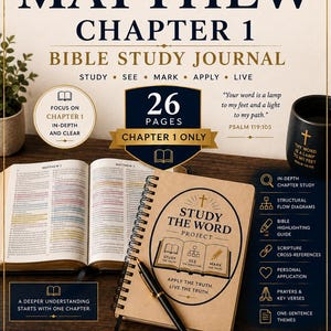 Könnte beinhalten: Ein spiralgebundenes Bibelstudienjournal mit dem Titel The Study The Word Project: The Gospel of Matthew Chapter 1. Der Einband ist hellbraun mit schwarzem Text und einer Grafik eines offenen Buches. Es enthält 26 Seiten und einen schwarzen Stift.