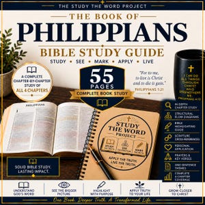May include: A 55-page Bible study guide for the Book of Philippians featuring a spiral-bound notebook, an open Bible, and a black pen. The cover displays the text Study The Word Project, Apply The Truth, Live The Truth, and includes icons for chapter study, flow diagrams, and highlighting guides.