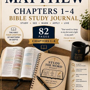 Può includere: Un diario di studio biblico a spirale intitolato The Study The Word Project: The Gospel of Matthew Chapters 1-4. La copertina presenta un'icona di un libro e del testo. Una Bibbia aperta, una penna nera e una tazza nera con il Salmo 119:105 sono visibili.