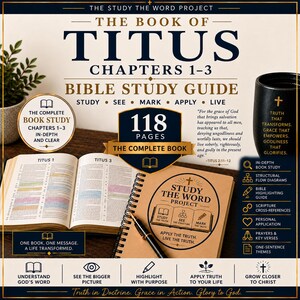 May include: A Bible study guide for the Book of Titus, chapters 1-3, featuring 118 pages. The cover displays the title, project name, and study methods. An open Bible with highlighted text and a spiral-bound notebook with a pen are visible.