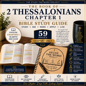 May include: A 59-page Bible study guide for 2 Thessalonians Chapter 1 titled The Study The Word Project. The guide features an open Bible with highlighted text, a spiral-bound notebook, a black pen, and a black mug with gold text.