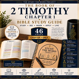May include: A 46-page Bible study guide for 2 Timothy Chapter 1 titled The Study The Word Project. The guide features a spiral-bound tan cover, an open Bible with highlighted text, and a black mug with gold text. Includes study, see, mark, apply, live.
